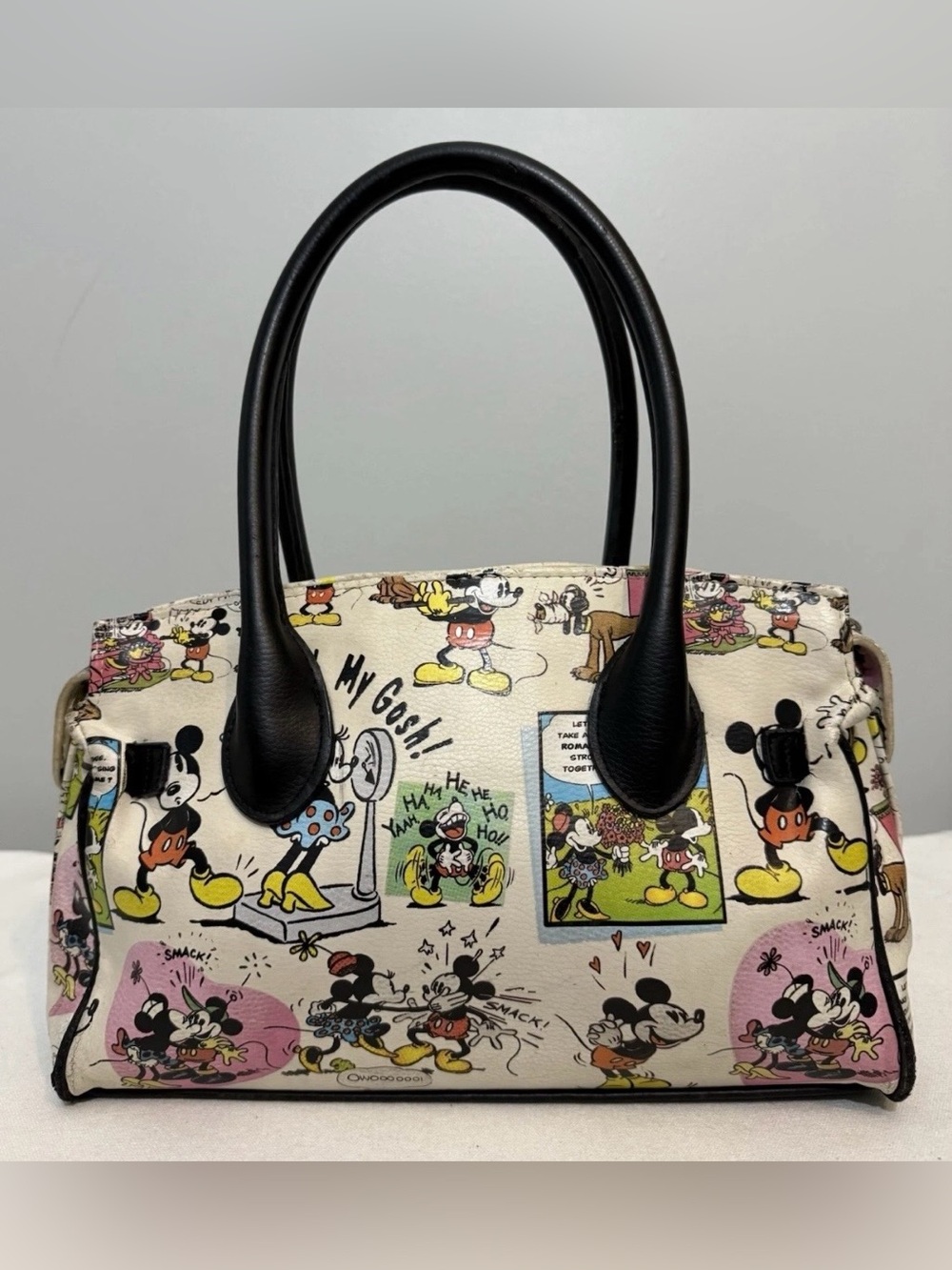 Vintage Disney Mickey Minnie Mouse Top Handle Bag Comic Print Faux Leather -Read - Picture 3 of 15